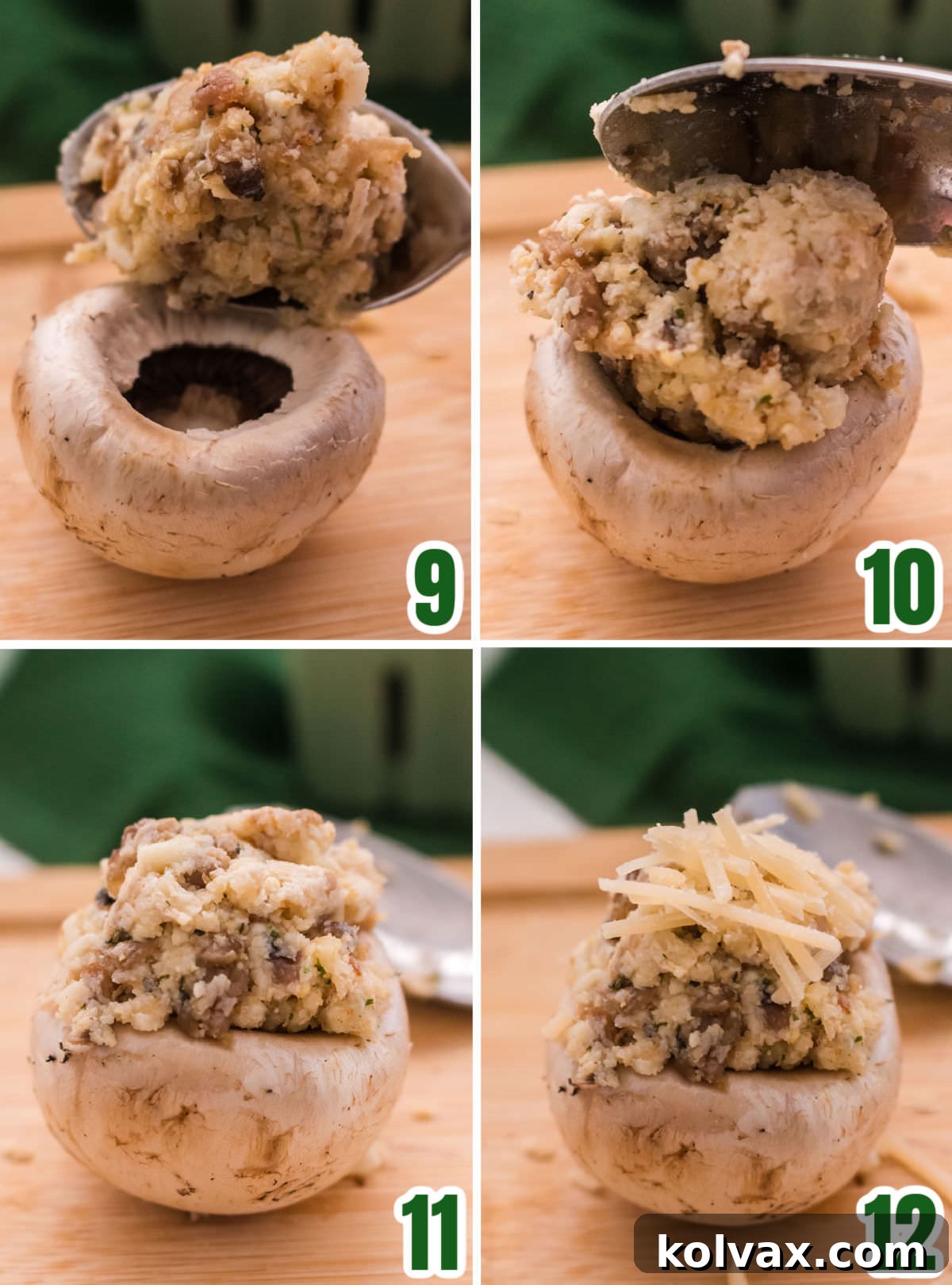 Collage image detailing the process of scooping the sausage mixture into mushroom caps and sprinkling with extra Parmesan cheese.