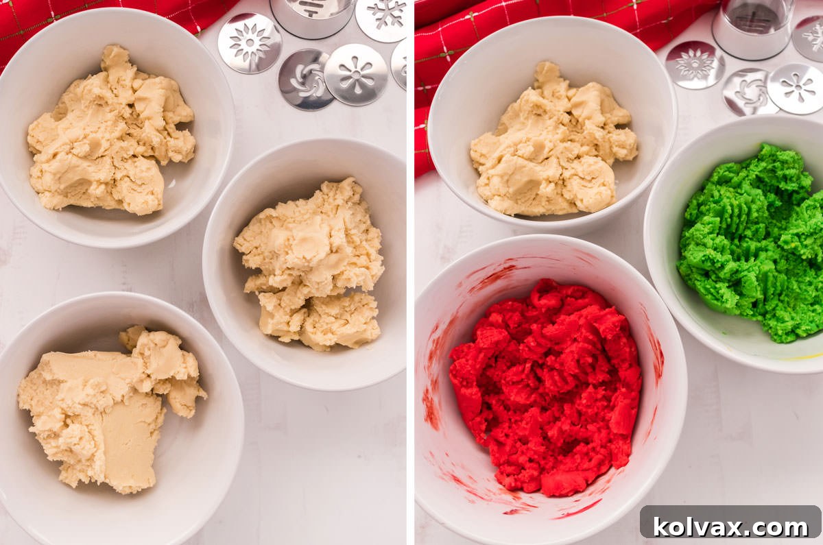 A visual guide showing three portions of Spritz Cookie dough: one left white, one colored vibrant red, and another bright green.