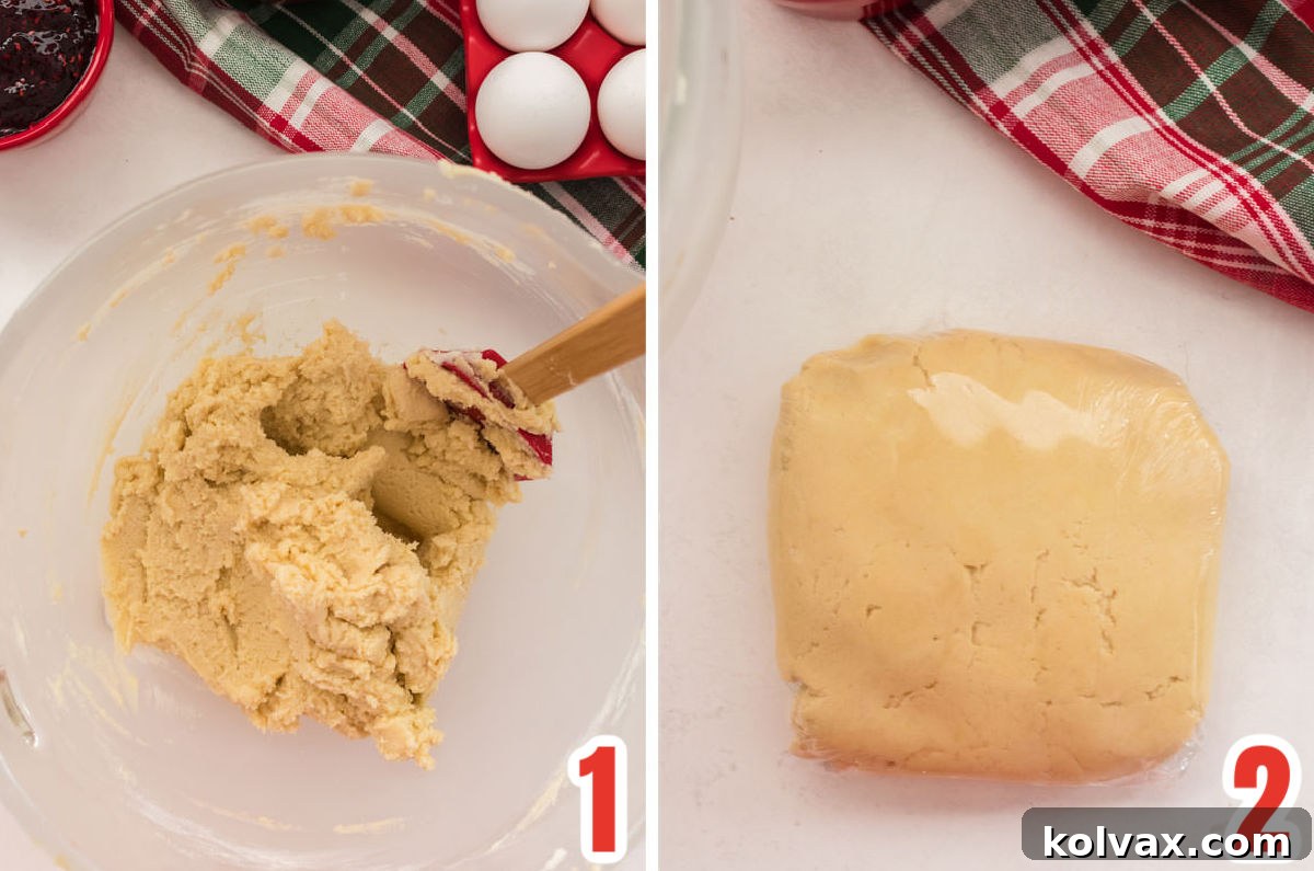 Collage image showing the cookie dough and how to wrap up the dough before refrigerating it.