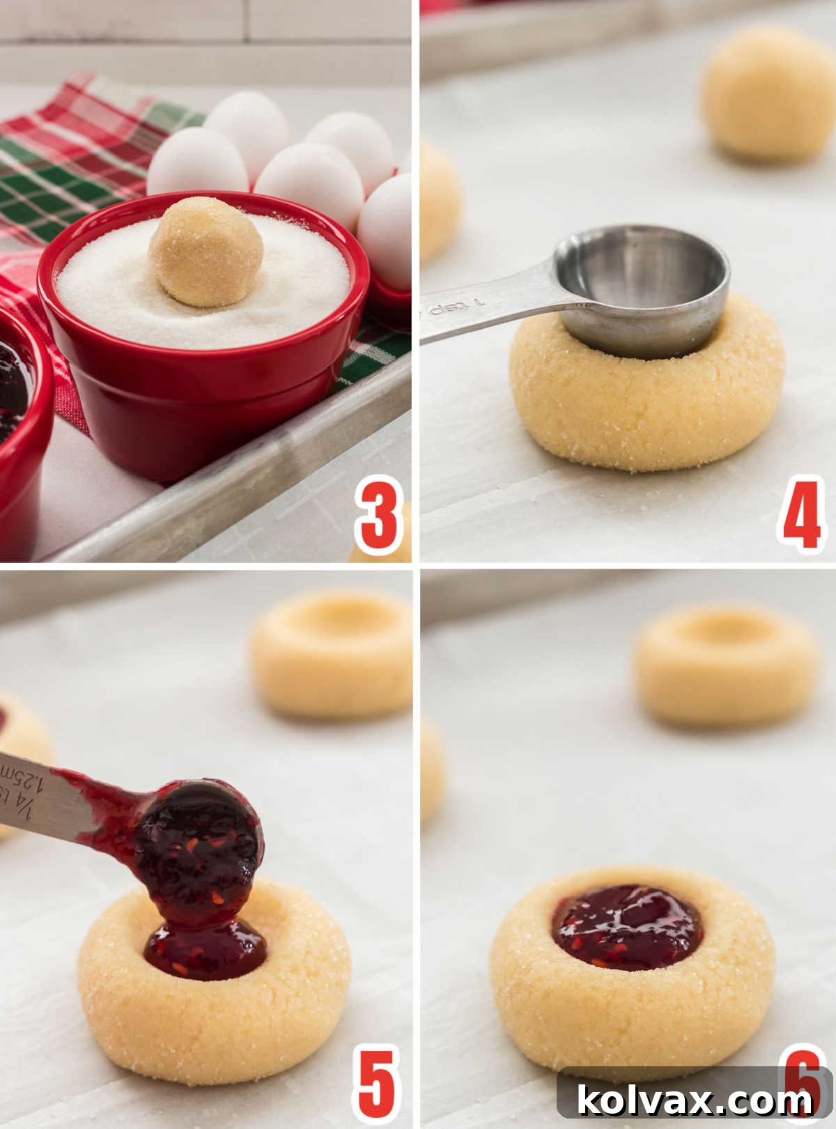 Collage image showing how to roll the  cookie dough into balls, making the indention and filling the indent with jam.