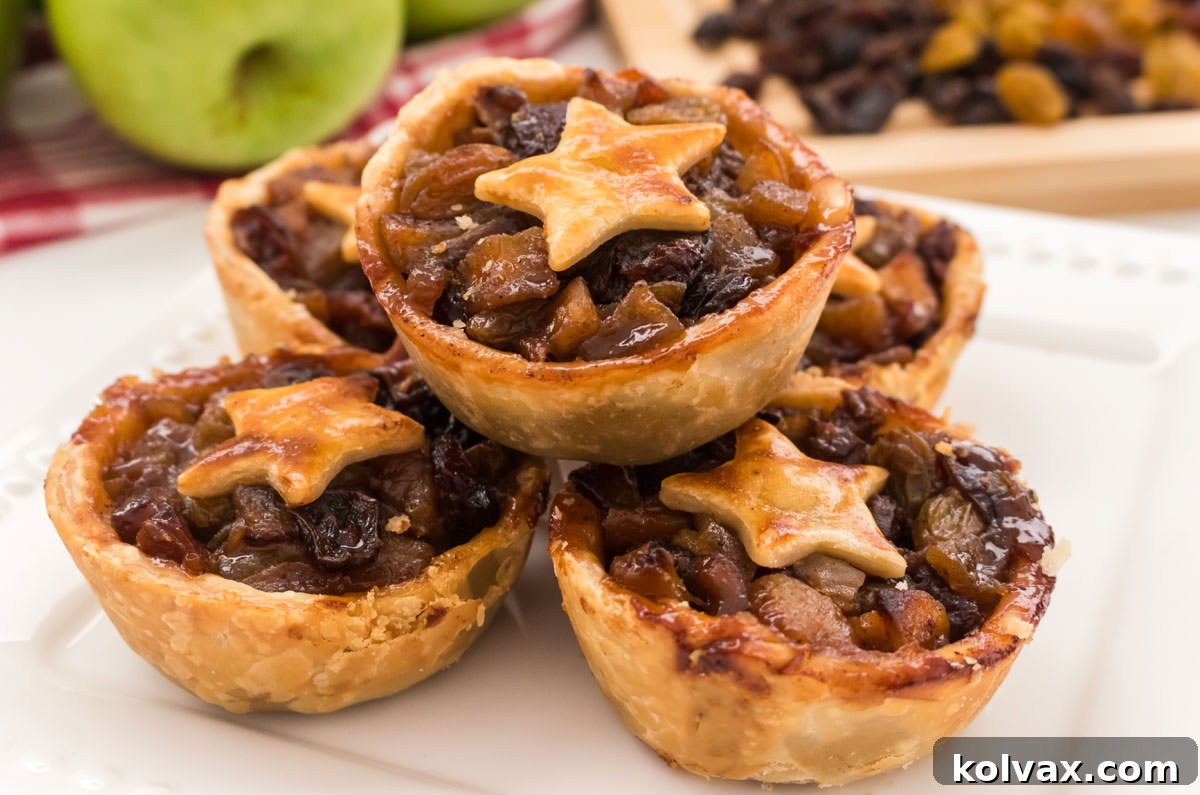 Bite-sized Festive Mince Pies 2 Closeup on a white dessert plate filled with five Mini Mince Pies, showcasing their golden crusts and star toppings.