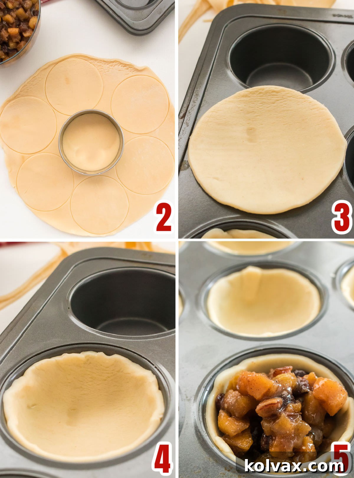 Bite-sized Festive Mince Pies 5 Collage image showing the steps for preparing the Pie Crust for the Mini Pies, including rolling, cutting circles, and pressing into a muffin tin.