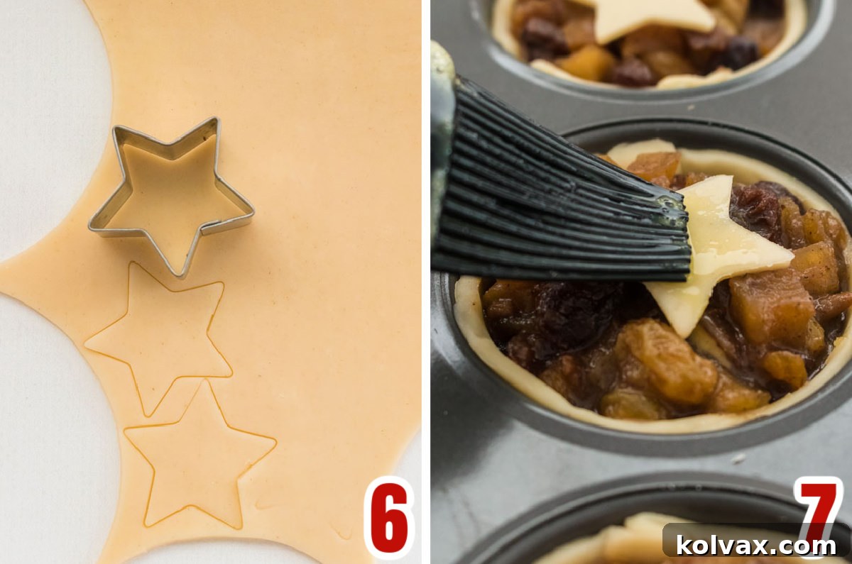 Bite-sized Festive Mince Pies 6 Collage image showing the steps for adding the star pastry top to the Mini Mincemeat Pies, including cutting stars and placing them on the filled pies.