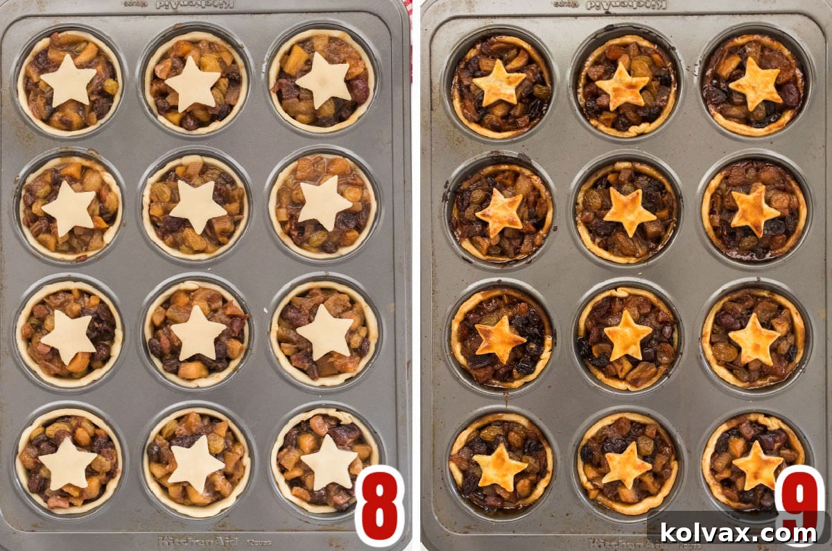 Bite-sized Festive Mince Pies 7 Collage image showing the Mini Mince Pies before going in the oven (with star tops) and after coming out of the oven, golden brown.