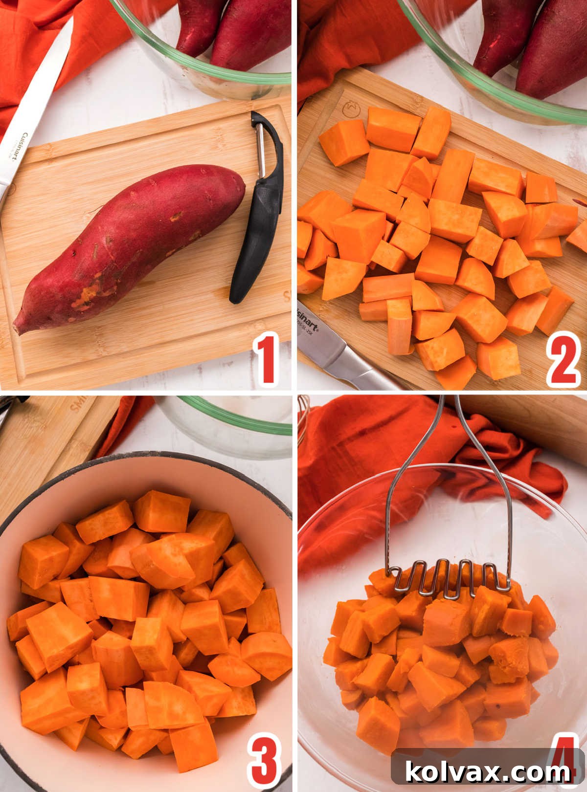 A step-by-step collage demonstrating the process of preparing sweet potatoes for pie filling, from peeling and chopping to boiling until tender.