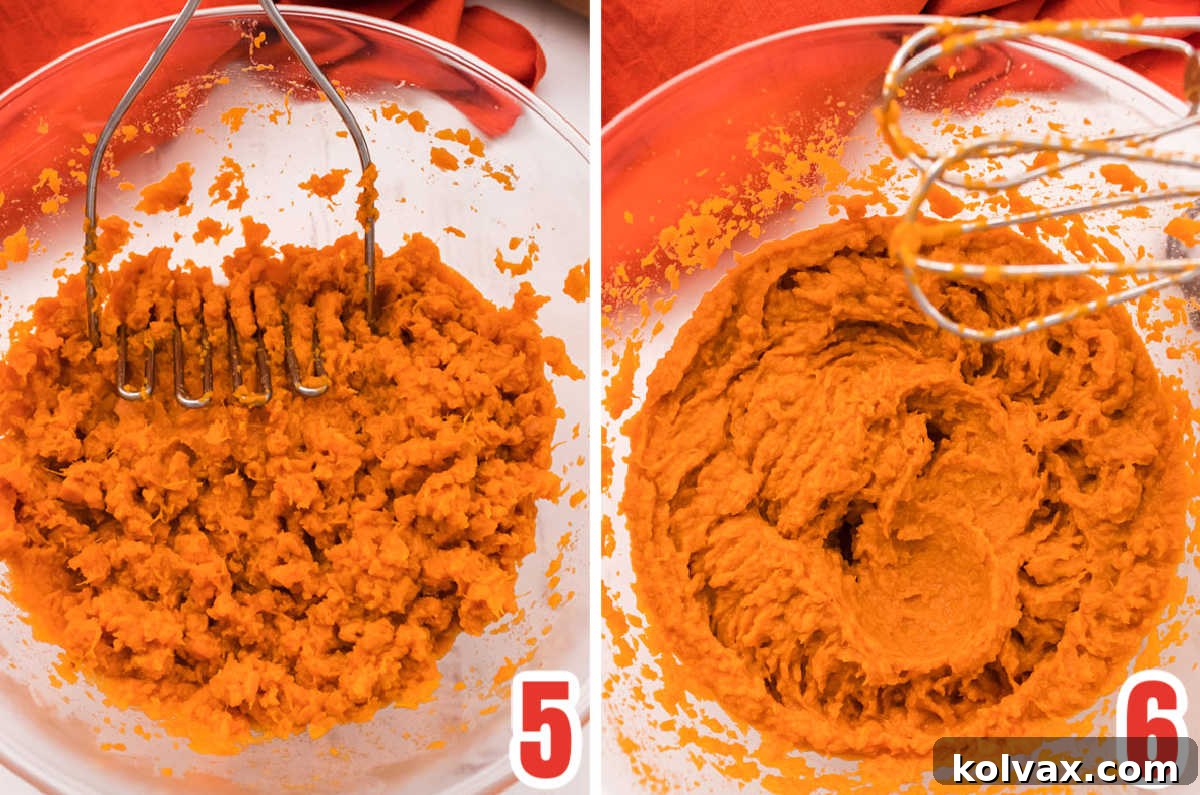 A collage illustrating the process of mashing and whipping cooked sweet potatoes with a mixer to achieve a smooth, fiber-free consistency, perfect for pie filling.