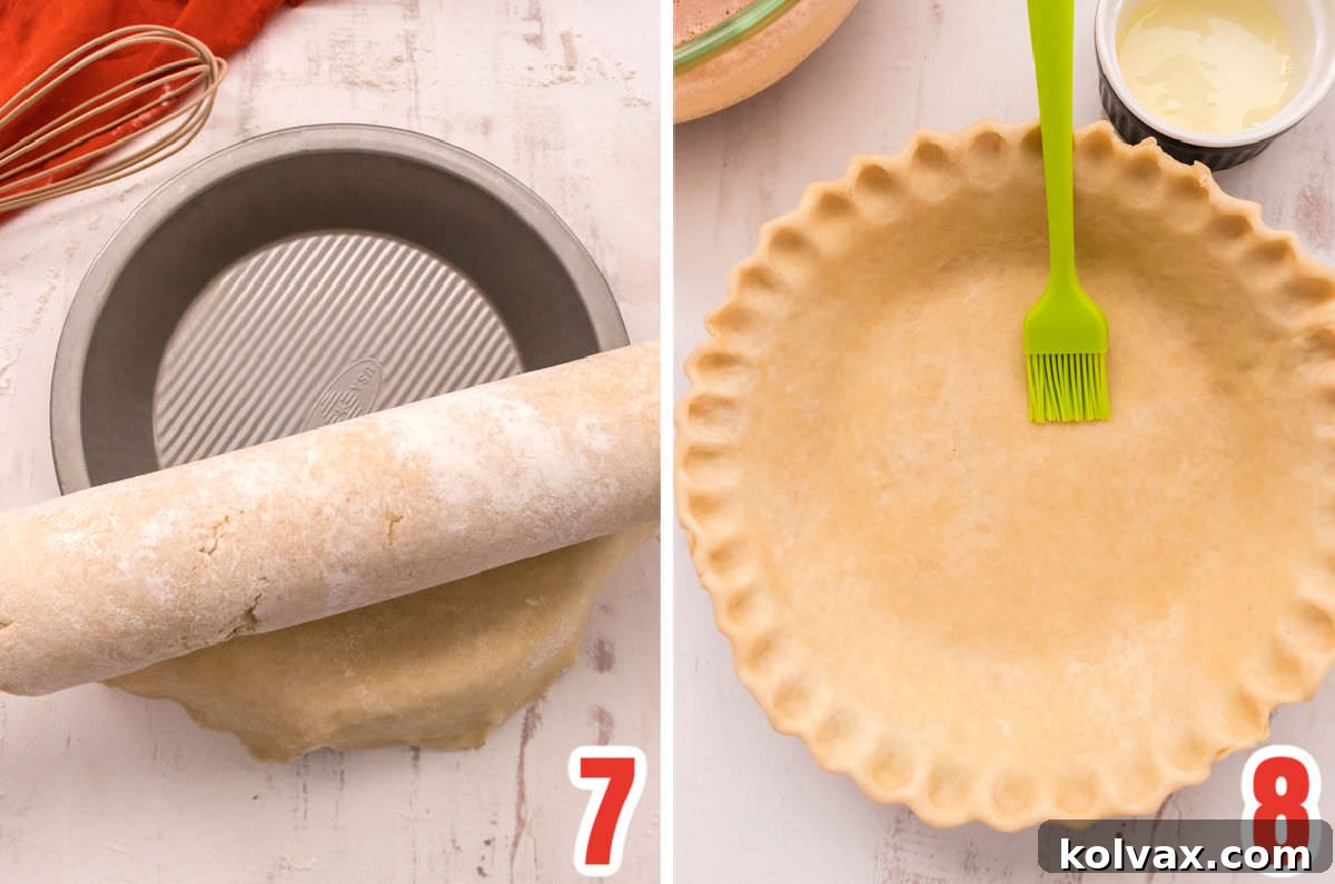 A collage showcasing the careful placement of pie dough into a pie pan and the finished, beautifully crimped edges of the unbaked pie crust, ready for filling.