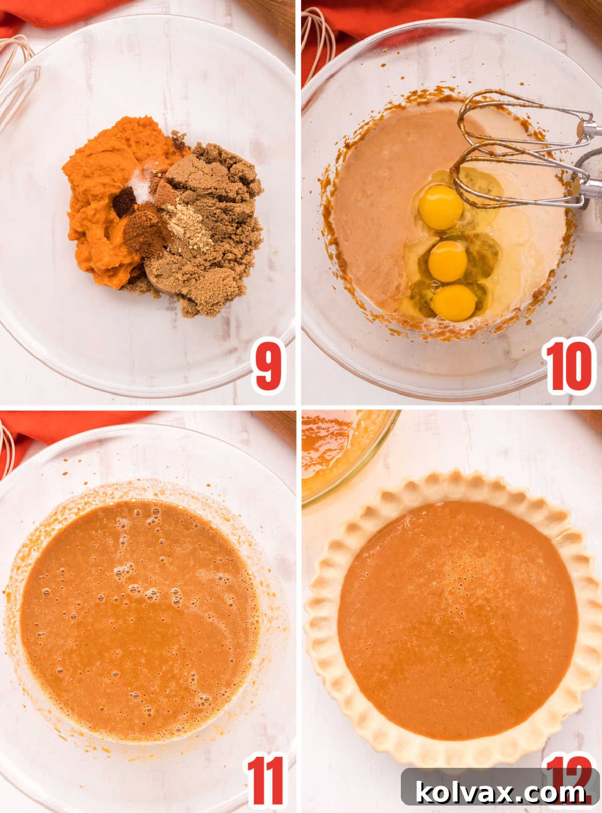 A detailed collage illustrating each step of preparing the creamy and spiced Sweet Potato Pie filling, from combining ingredients to achieving a smooth consistency.