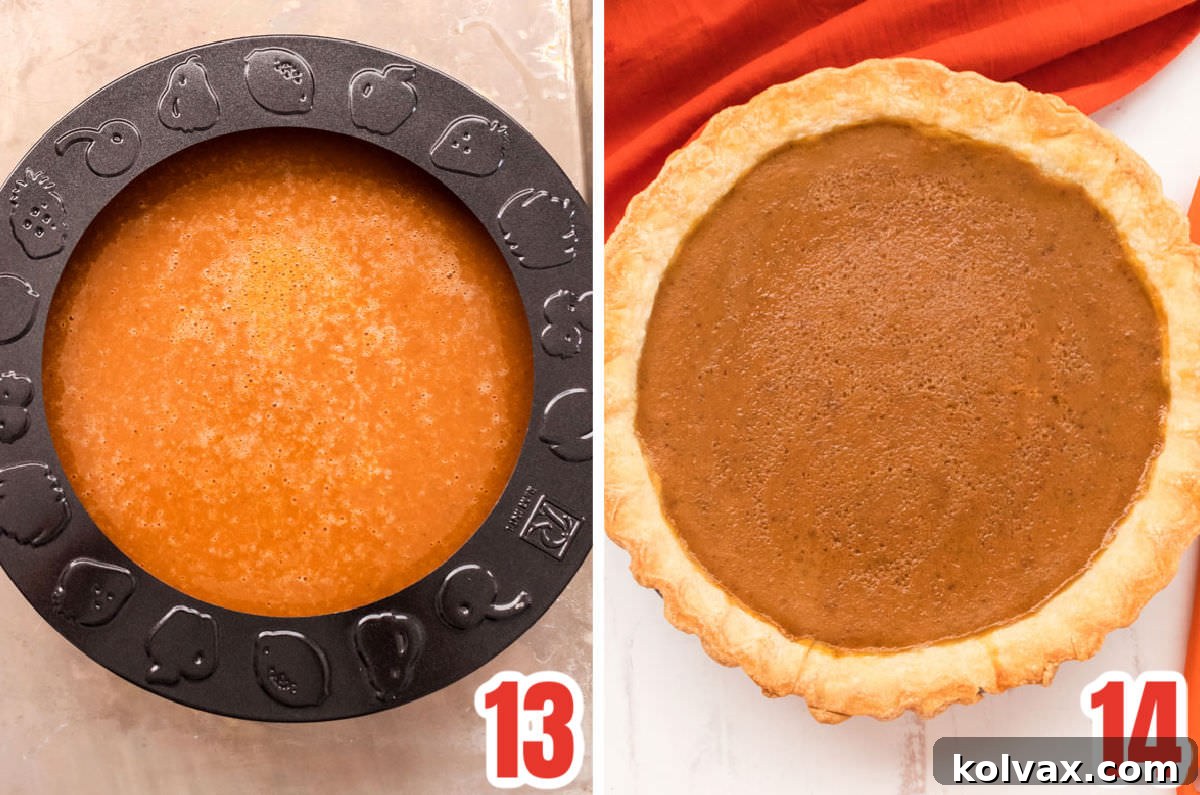 A two-part image showing an unbaked Sweet Potato Pie nestled in its crust before entering the oven, and the same pie after baking, golden-brown and perfectly set.
