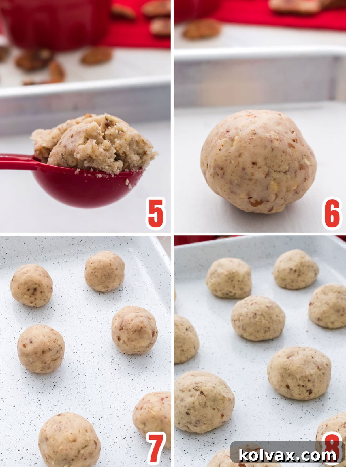 Collage image showing the steps for how to roll the Snowball Cookie dough into balls and place them on a baking sheet, ready for the oven.