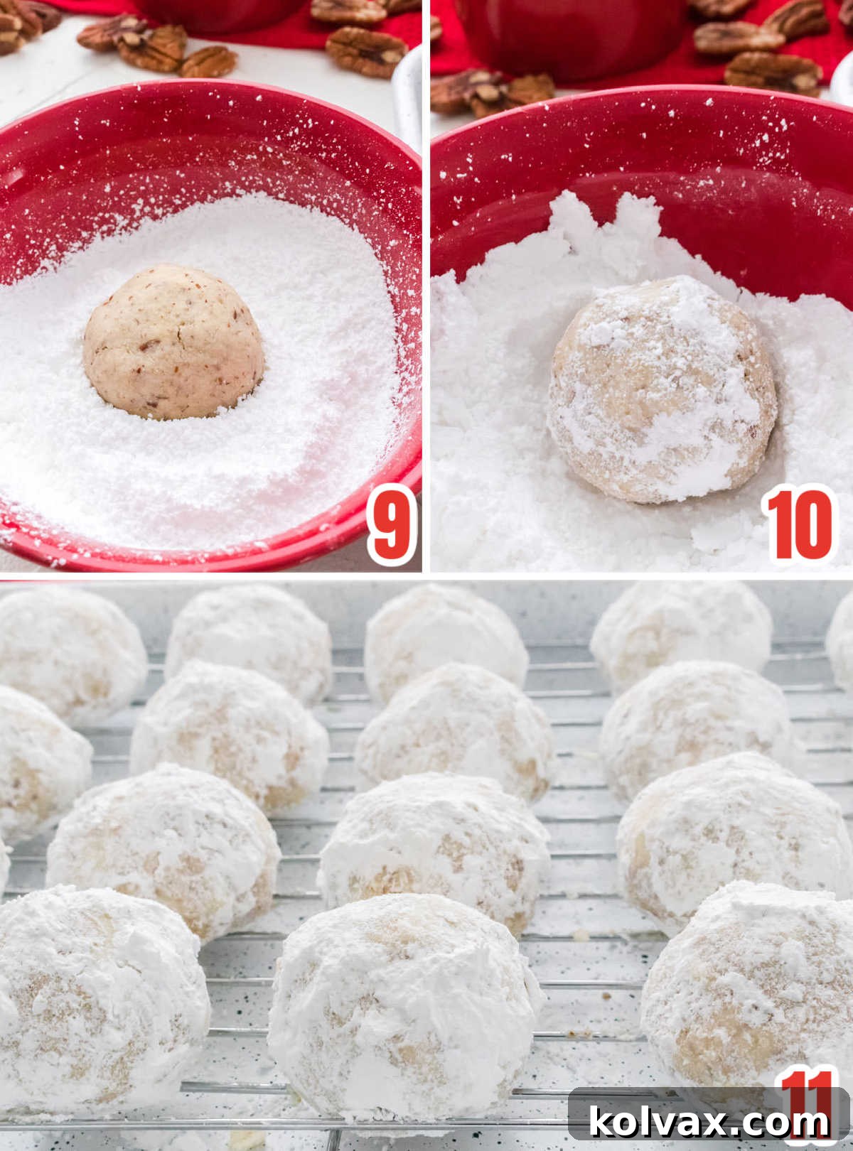 Collage image that shows the step for rolling the warm, baked Snowball Cookies in powdered sugar, highlighting the final coating process.