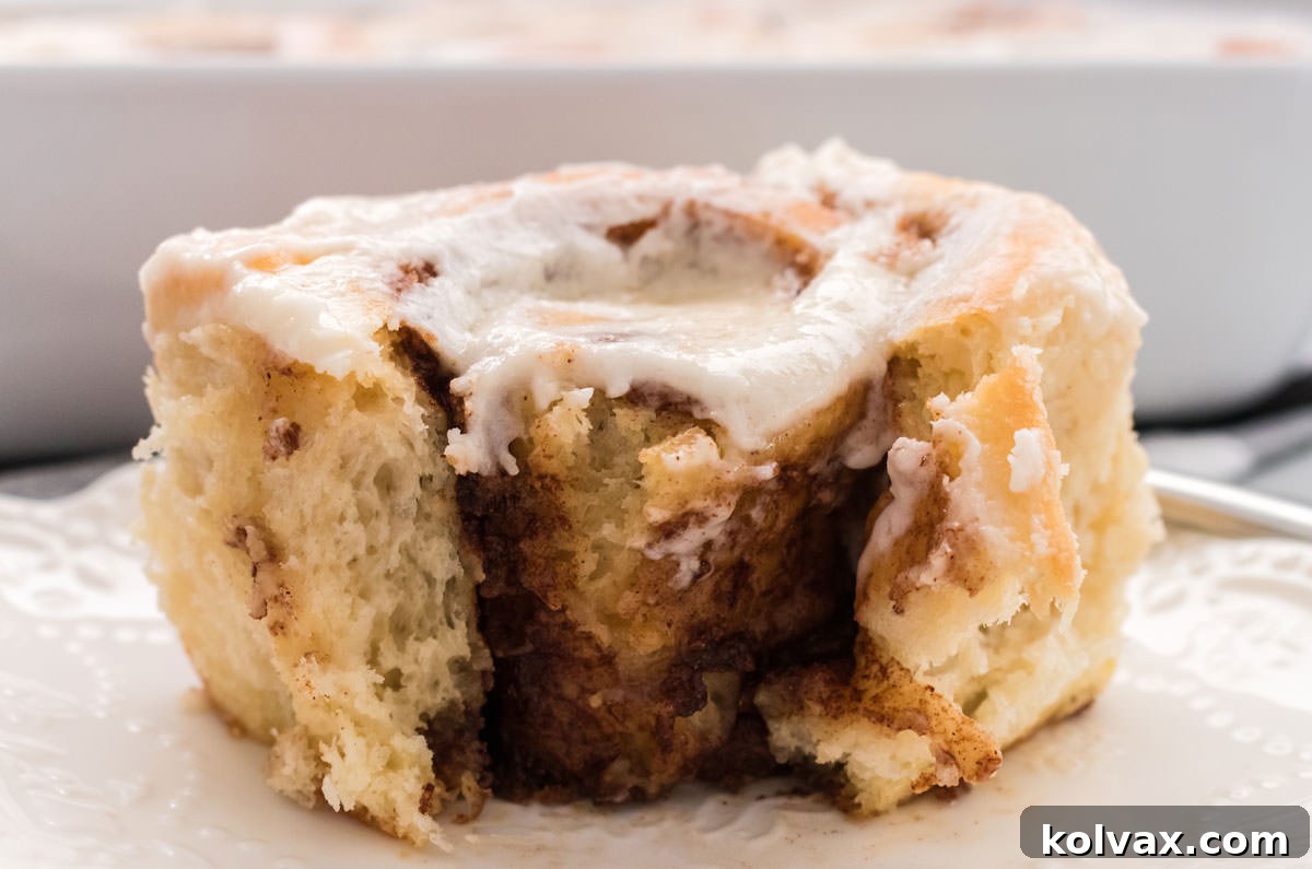 A freshly baked, frosted homemade cinnamon roll resting on a pristine white plate, promising deliciousness.