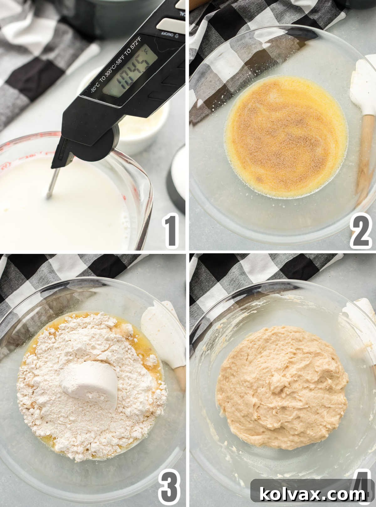 A four-panel collage illustrating the initial steps of preparing cinnamon roll dough: heating milk, combining liquids, adding yeast to bloom, and mixing in flour.