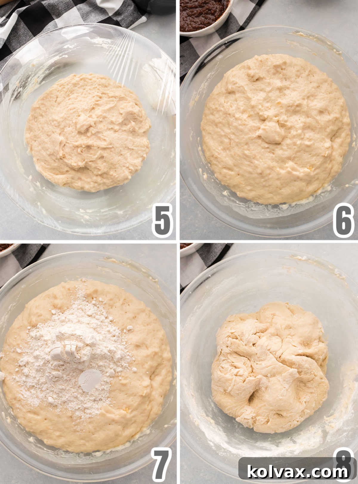 A four-panel collage showing the cinnamon roll dough rising in a bowl covered with plastic wrap, then adding more flour and mixing it until the dough pulls away from the sides.