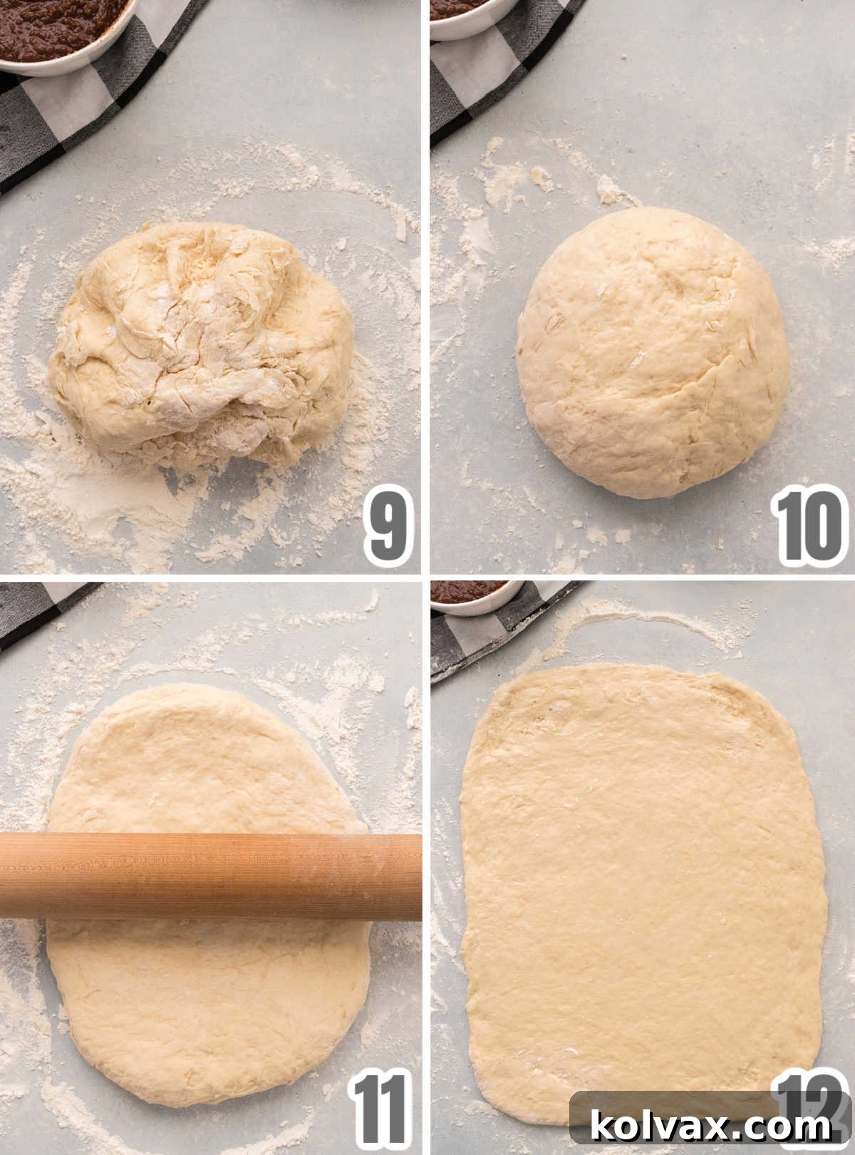 A four-panel collage showing the process of kneading and rolling out cinnamon roll dough: pouring onto a floured surface, light kneading, using a rolling pin, and achieving a 12x17 inch rectangle.