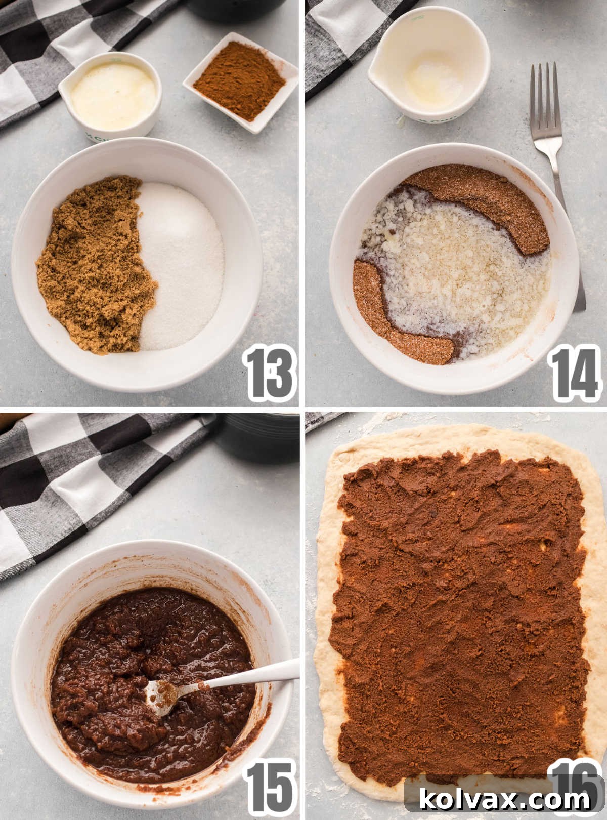 A four-panel collage demonstrating how to make the cinnamon filling: combining brown sugar, granulated sugar, and cinnamon; adding melted butter; mixing until combined; and spreading it evenly onto the rolled dough.
