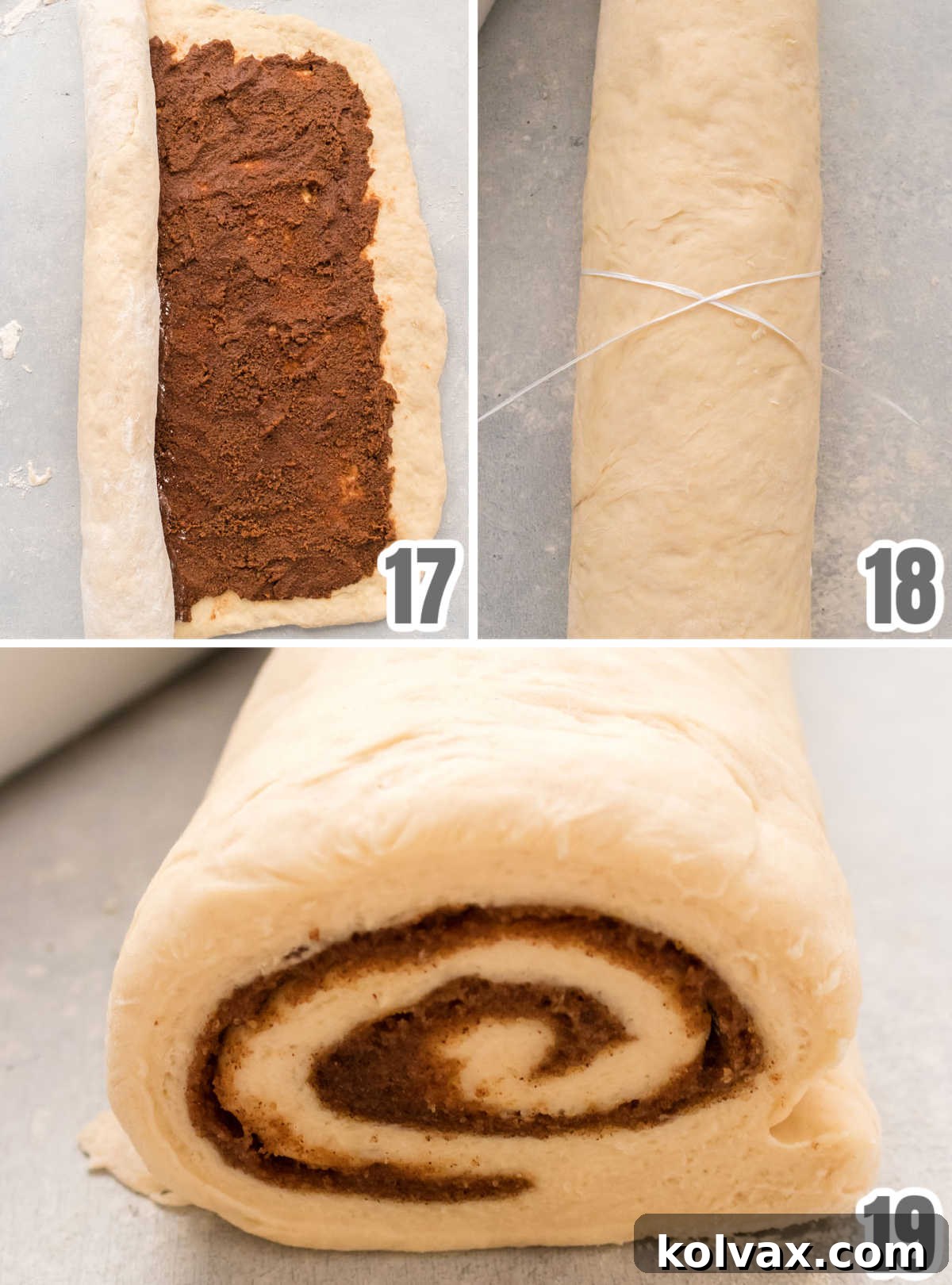 A three-panel collage illustrating the final shaping of cinnamon rolls: rolling the dough into a tight cylinder, using unflavored dental floss to slice, and showing 12 equally cut dough pieces.