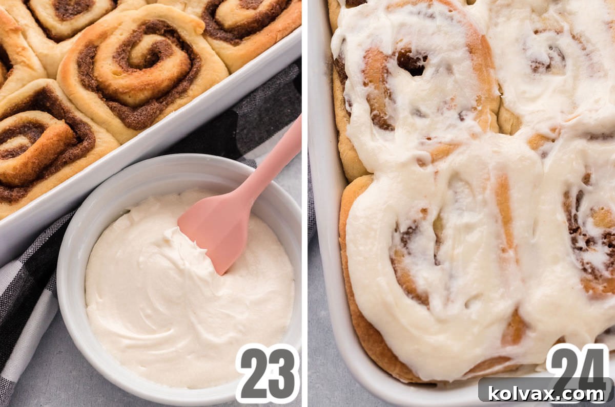 A collage image showcasing the preparation of creamy cream cheese icing, highlighting its smooth texture perfect for frosting cinnamon rolls.