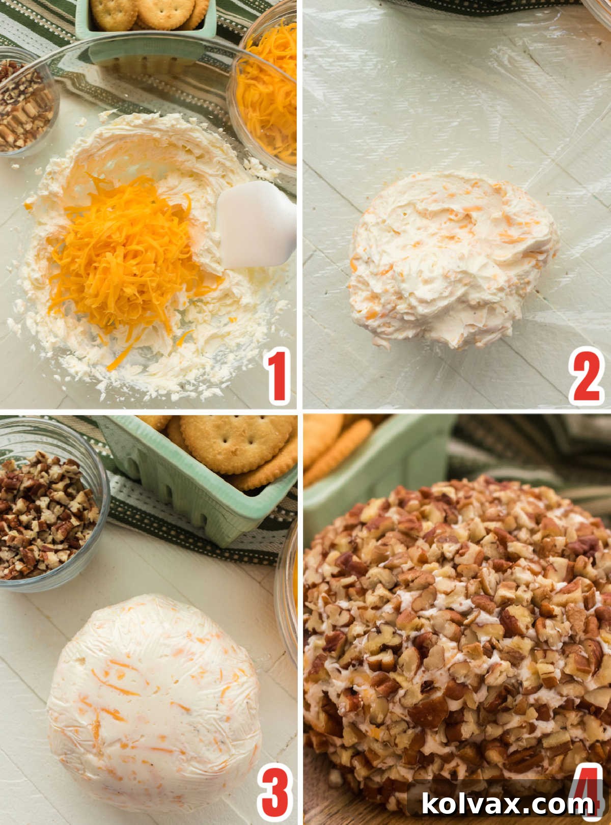 Step-by-step visual guide showing how to mix, shape, chill, and coat a Pecan Cheese Ball with toppings.