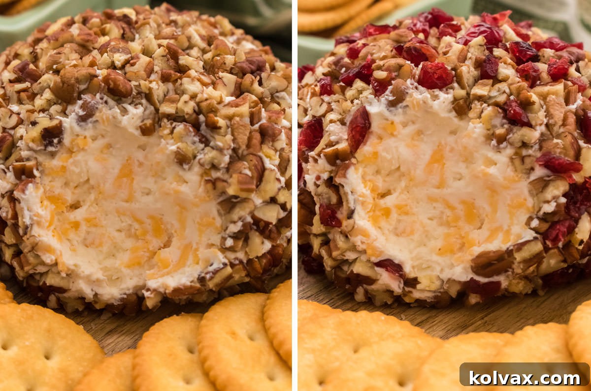 Variety of cheese ball toppings: classic chopped pecans and a festive blend of pecans and dried cranberries.