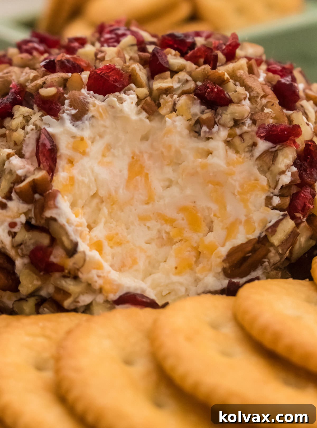 Beautiful Cranberry Pecan Cheese Ball ready to serve, surrounded by crisp crackers for easy dipping.
