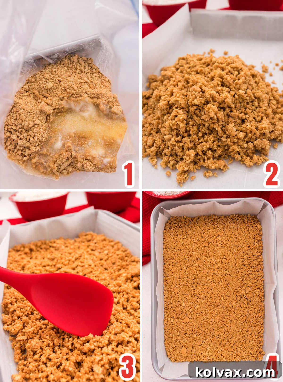Collage image demonstrating the process of making the graham cracker crust for Seven Layer Bars, showing crumbs, butter, and pressing into the pan.