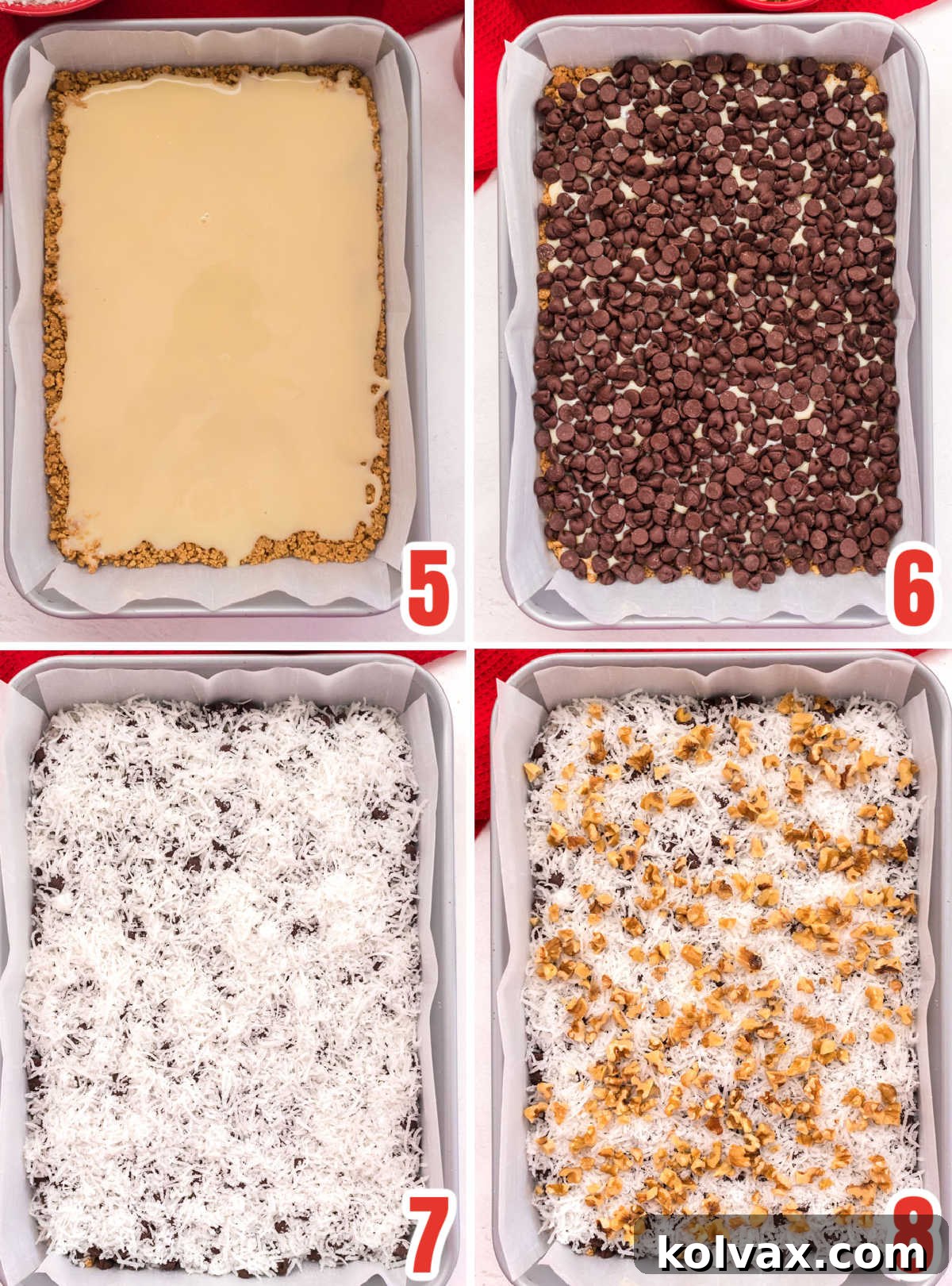 Collage image illustrating the layering process for Magic Bars: pouring sweetened condensed milk, then sprinkling chocolate chips, coconut, and nuts.