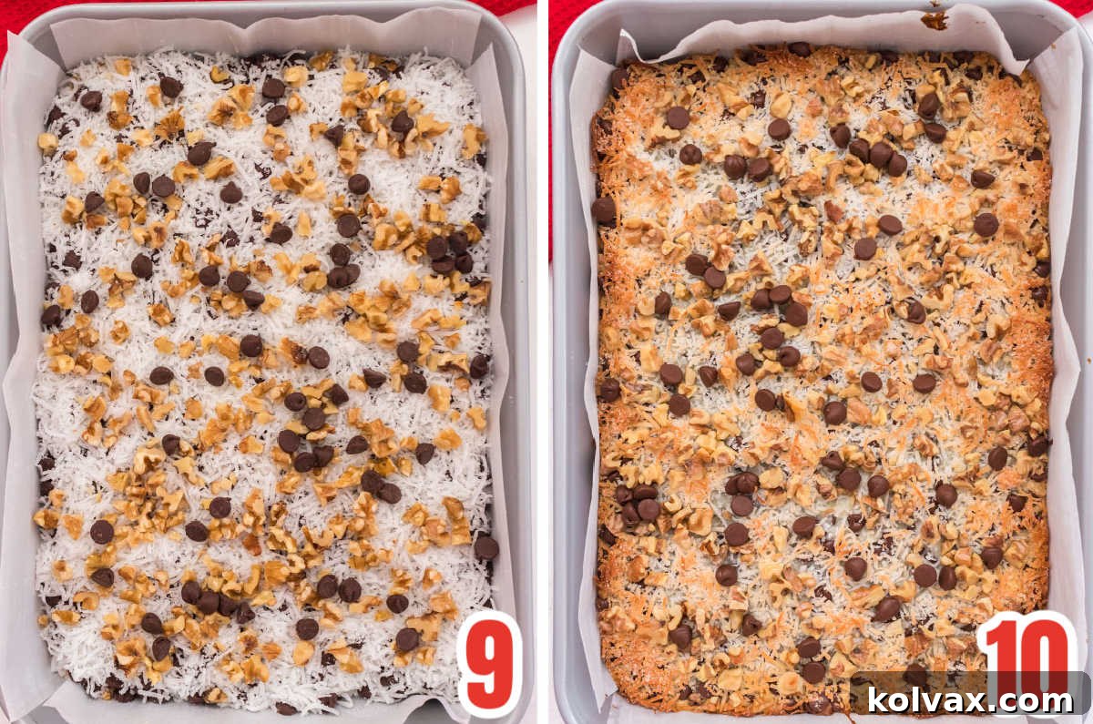Collage image displaying Magic Bars before and after baking, showing the golden brown finished product.