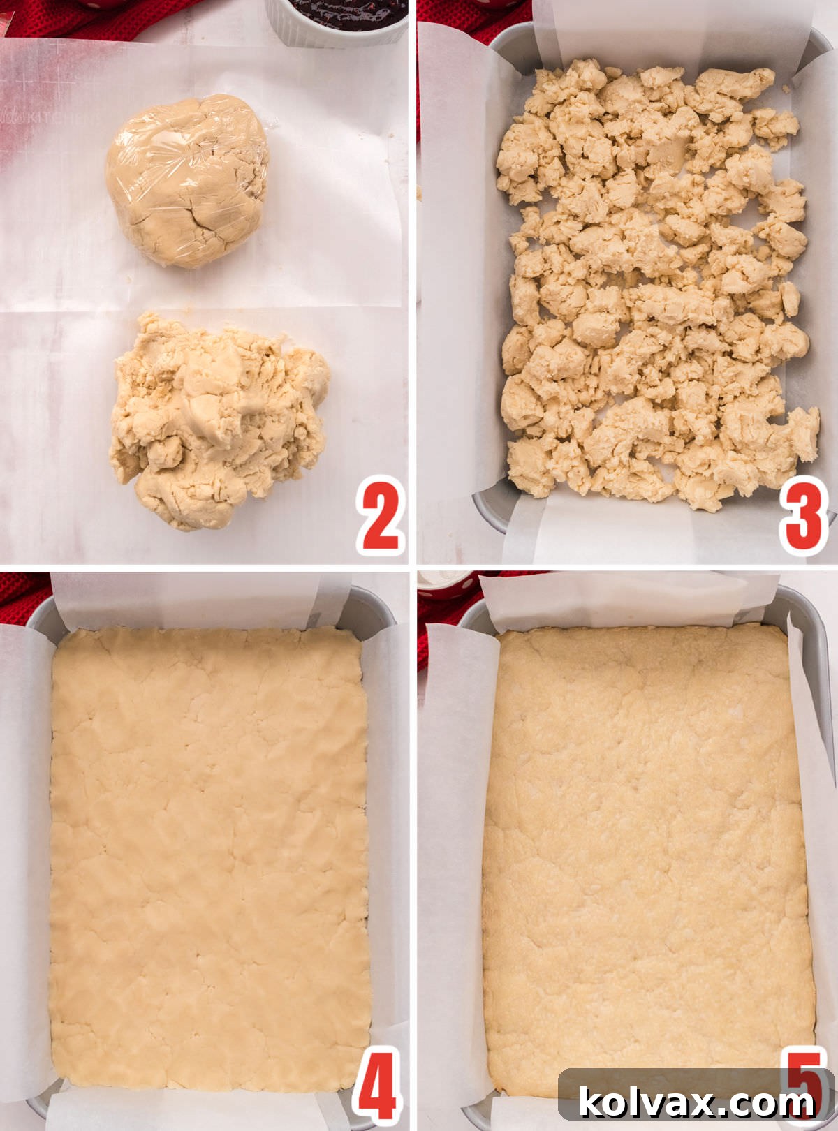 A collage of images demonstrating the process of pressing the shortbread dough evenly into a parchment paper-lined baking pan, forming the first layer of the cookie bars.