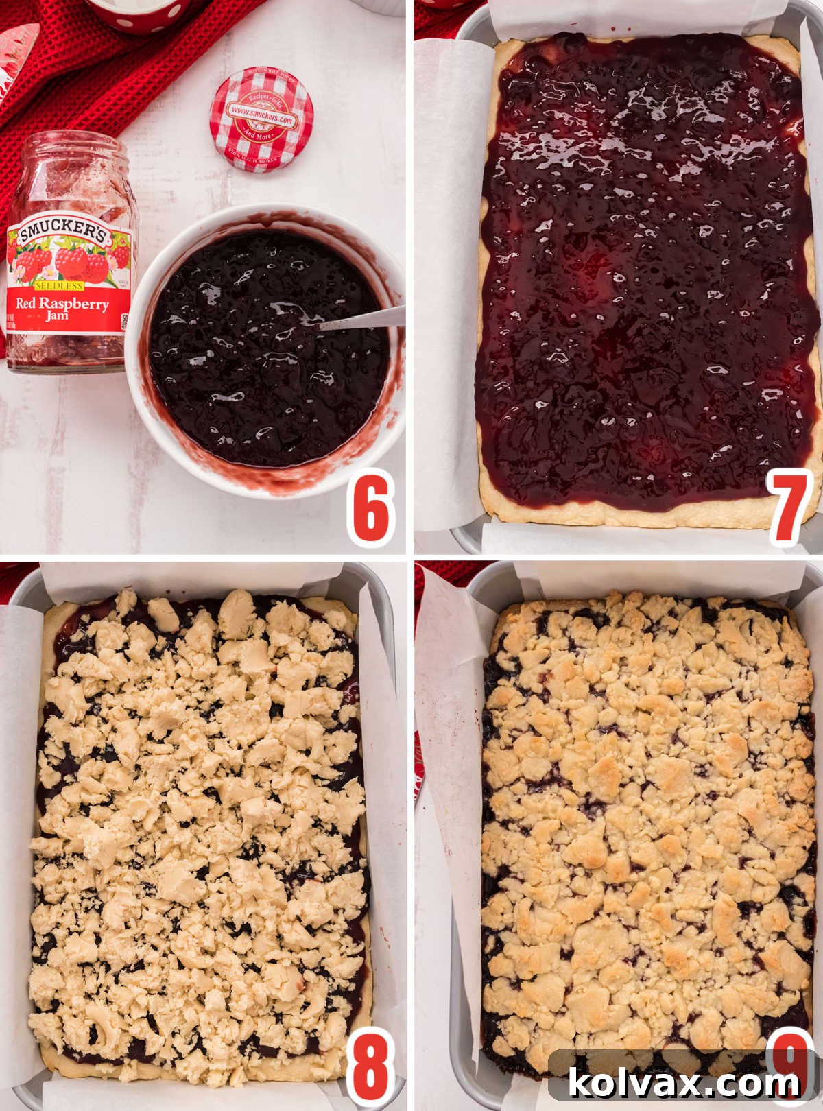A collage of images illustrating the final preparation steps for Shortbread Cookie Bars, showing jam being spread over the baked crust and the second portion of dough being scattered on top, ready for final baking.