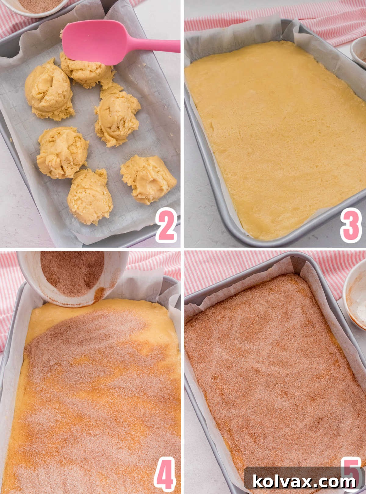 Collage images showing how to press the dough into the baking pan and how to sprinkle the cinnamon sugar over the top.