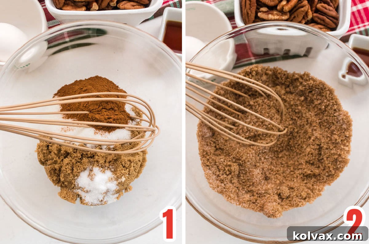 Collage image for making the Cinnamon Sugar mixture for the Candied Pecans, showing dry ingredients in a bowl.