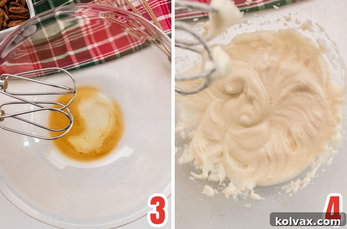 Collage image showing the steps for making the egg mixture for the Candied Pecans, including beating egg white, water, and vanilla.