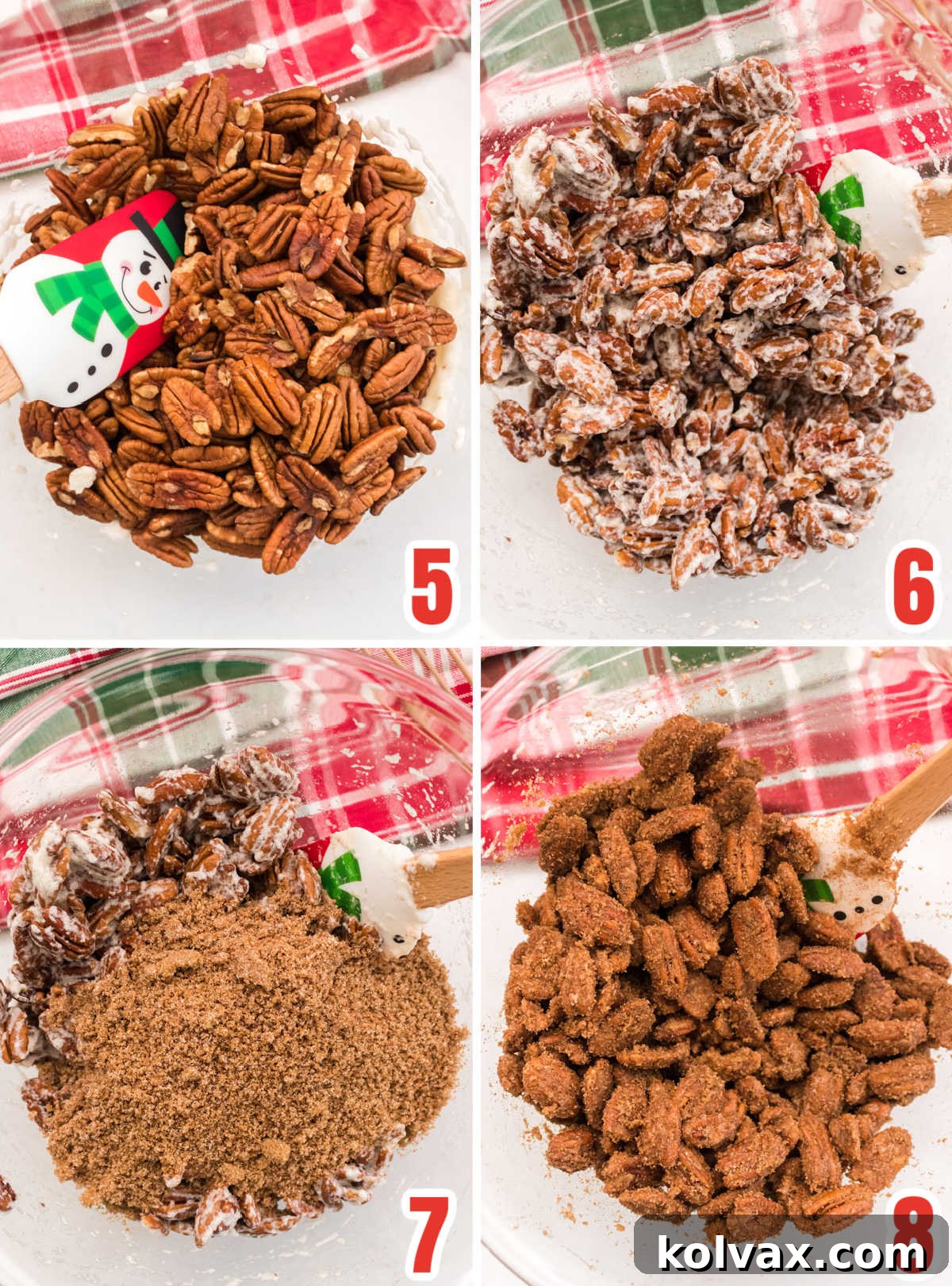 Collage image showing the steps for coating the pecans with the Cinnamon Sugar recipe, from adding pecans to egg mixture to mixing with dry spice blend.