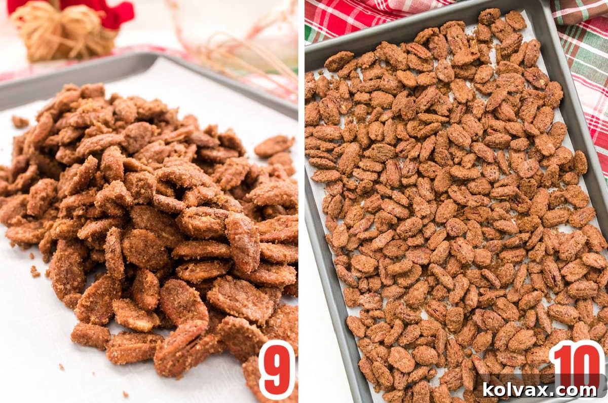 Collage image showing how to prepare the Candied Pecans for baking by spreading them evenly on a lined baking sheet.