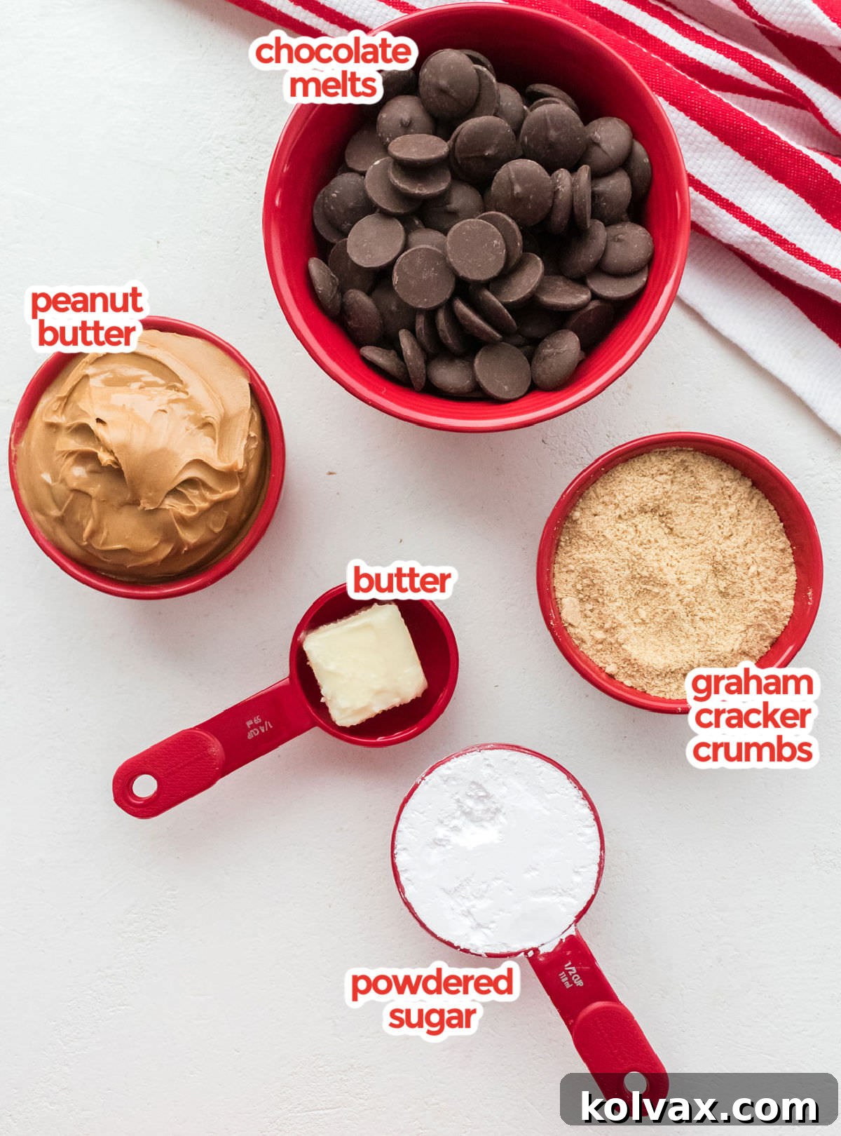 All the ingredients you will need to make Peanut Butter Balls including Peanut Butter, Chocolate, Graham Cracker crumbs, Powdered Sugar and  Butter.