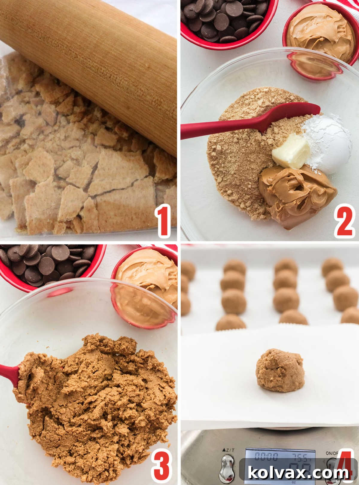 Collage image showing the steps for making the filling for the Peanut Butter candies.