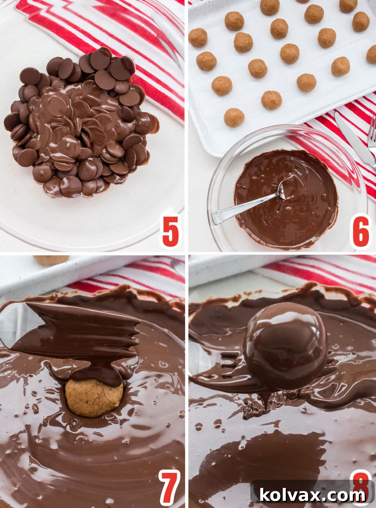 Collage images showing the steps for dipping the peanut butter balls into chocolate.