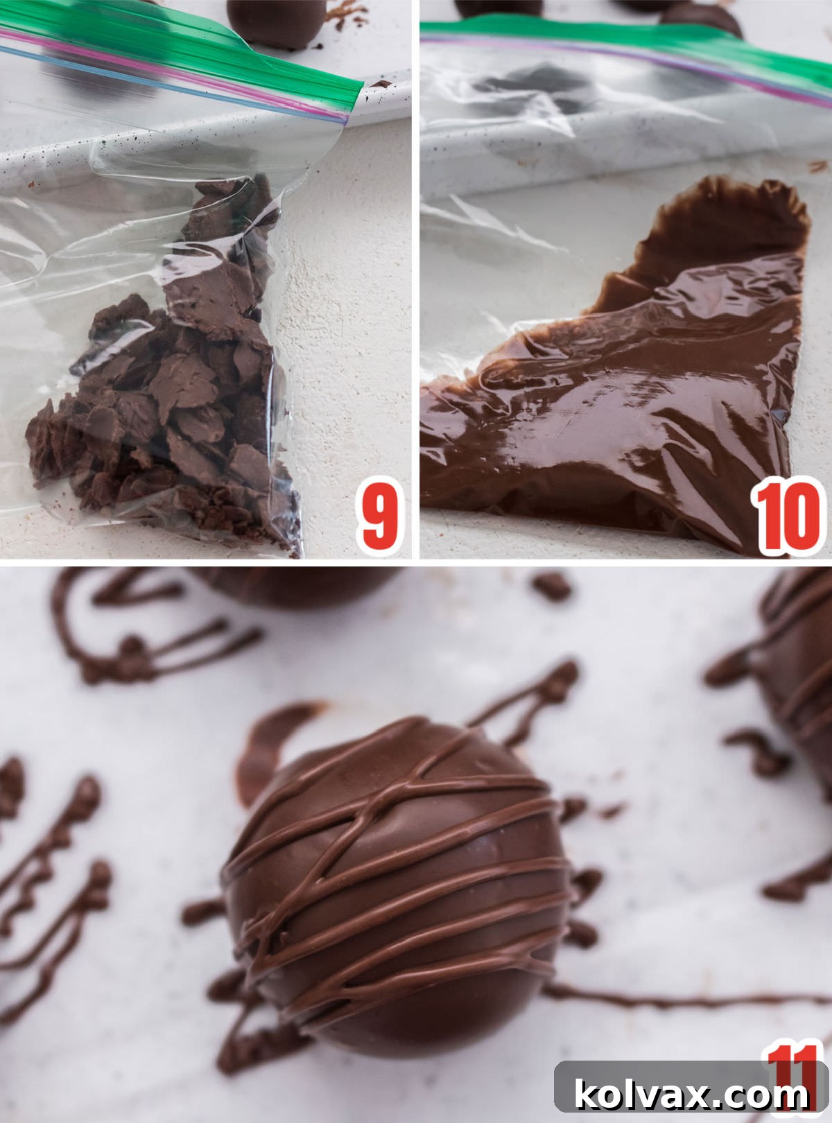 Collage image showing how to add a decorative drizzle of chocolate to the tops of the of Peanut Butter Balls.
