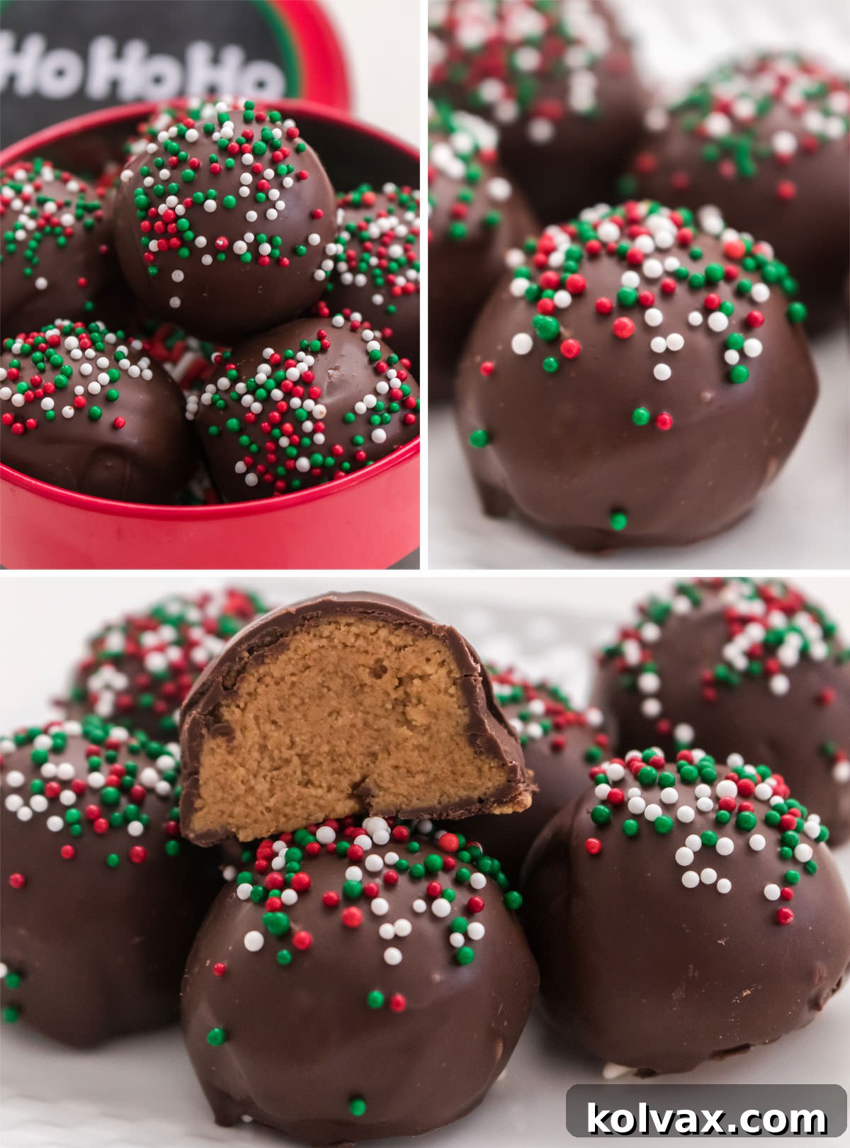 Collage image showing three close up images of a Christmas version of Peanut Butter Balls featuring Christmas sprinkles.