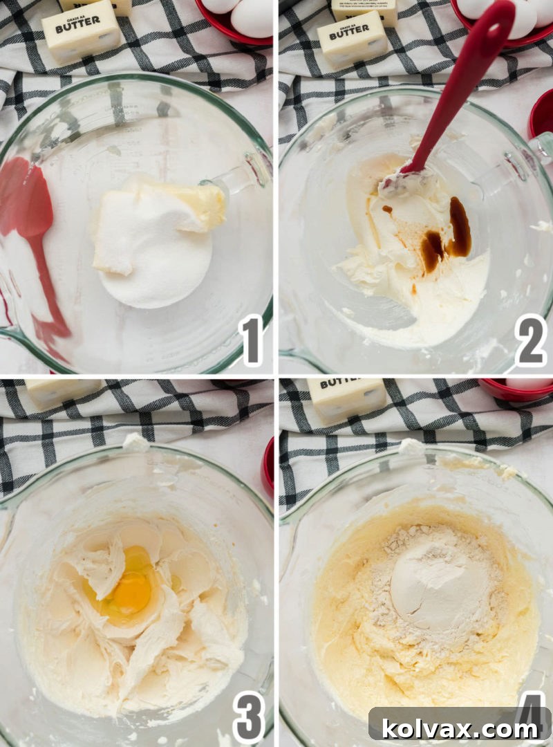 A step-by-step visual guide demonstrating the process of mixing ingredients to create the smooth, airy batter for Classic Pound Cake.