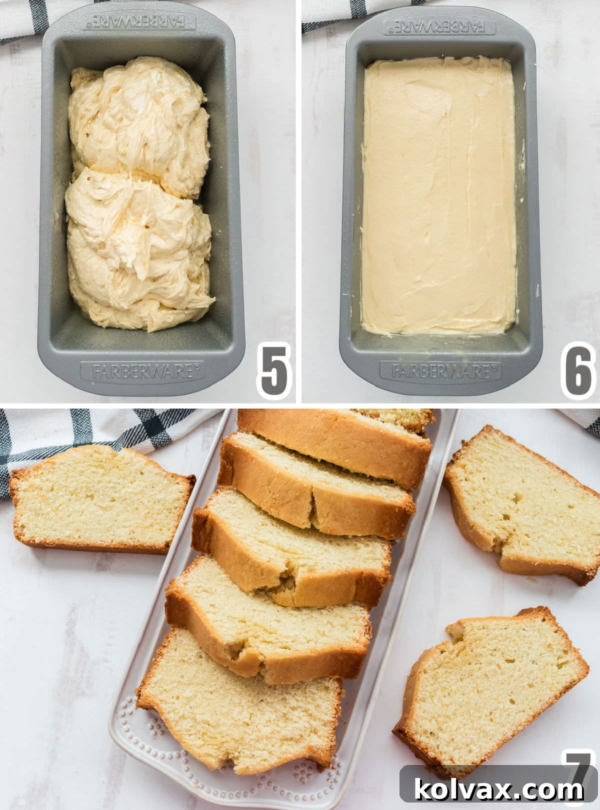 A collage displaying key baking stages: preparing the loaf pan, pouring the batter, a perfectly baked pound cake in the pan, and slices of cooled pound cake ready to be served.