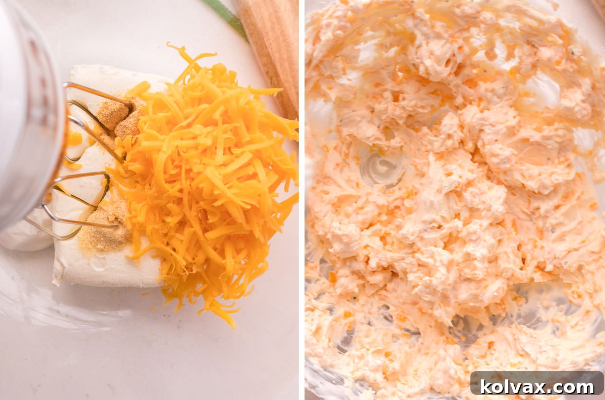 Golden Cheese Puffs 4 A four-panel collage showing the step-by-step process of preparing the creamy cheese filling for Cheese Ball Bites, from combining ingredients to a smooth mixture.