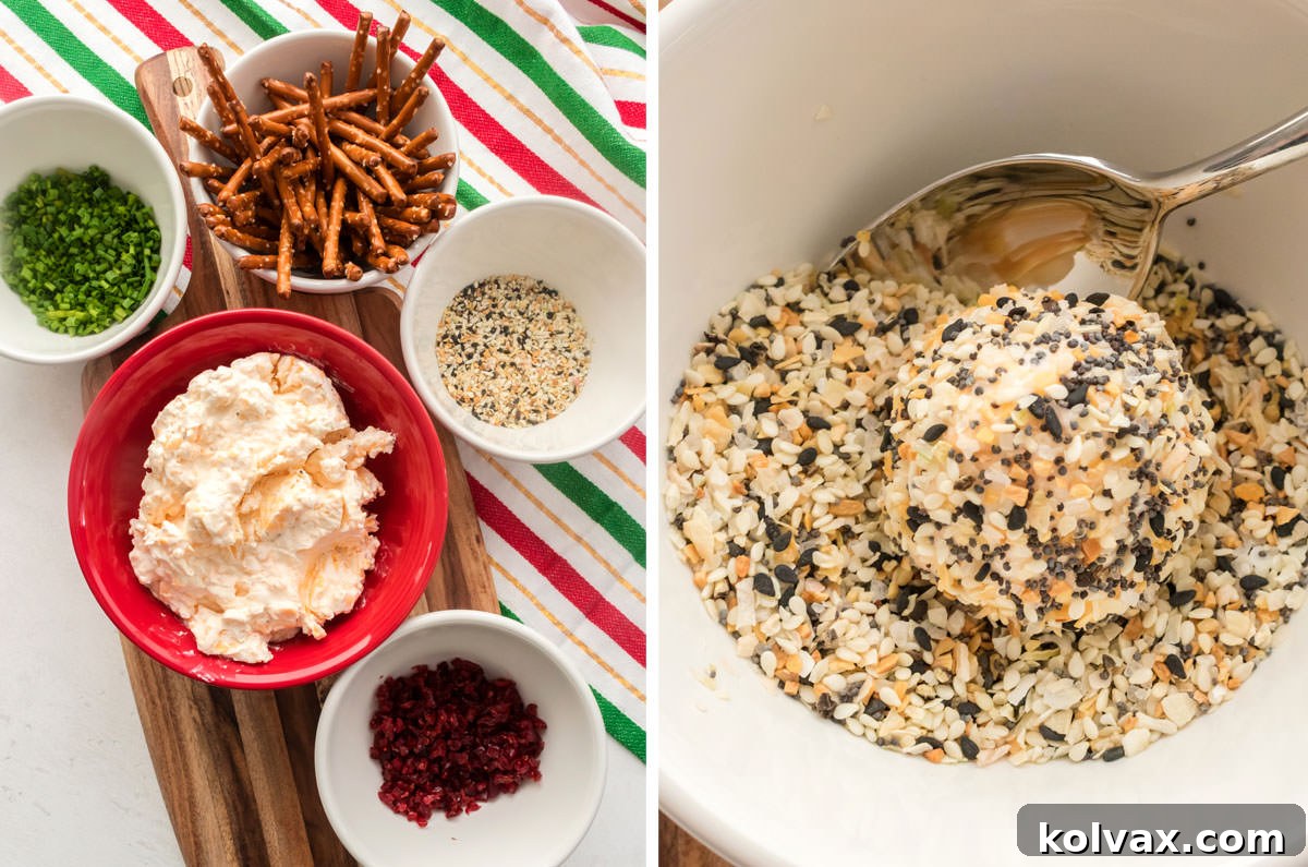 Golden Cheese Puffs 5 A collage demonstrating the process of coating mini cheese balls with various colorful toppings, showing how to press toppings for full coverage.