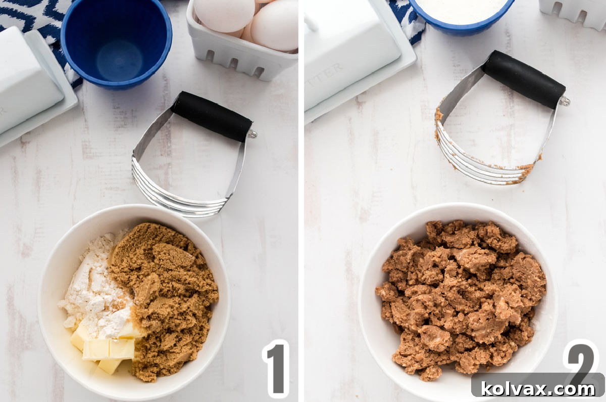 Collage image showing exactly how to make the streusel topping for the breakfast dish.