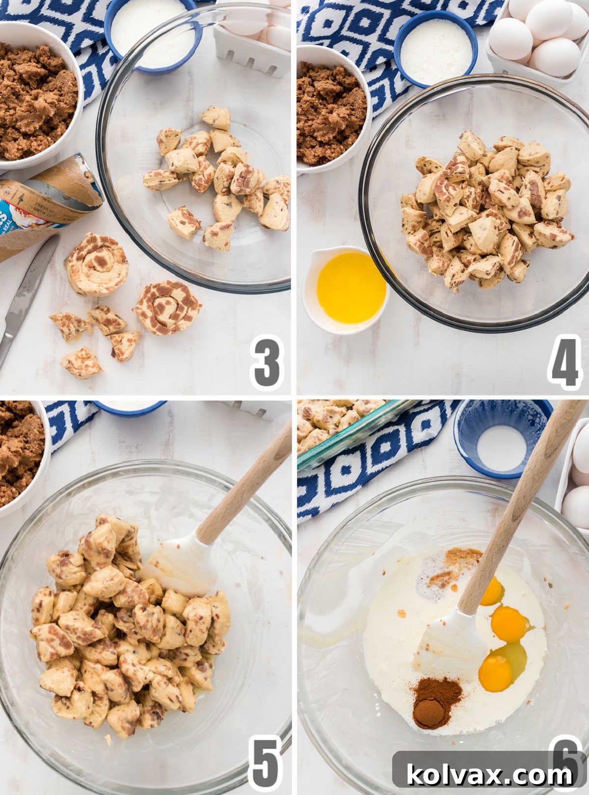 Collage image showing the steps for preparing the store-bought Cinnamon rolls to be used in the breakfast casserole.