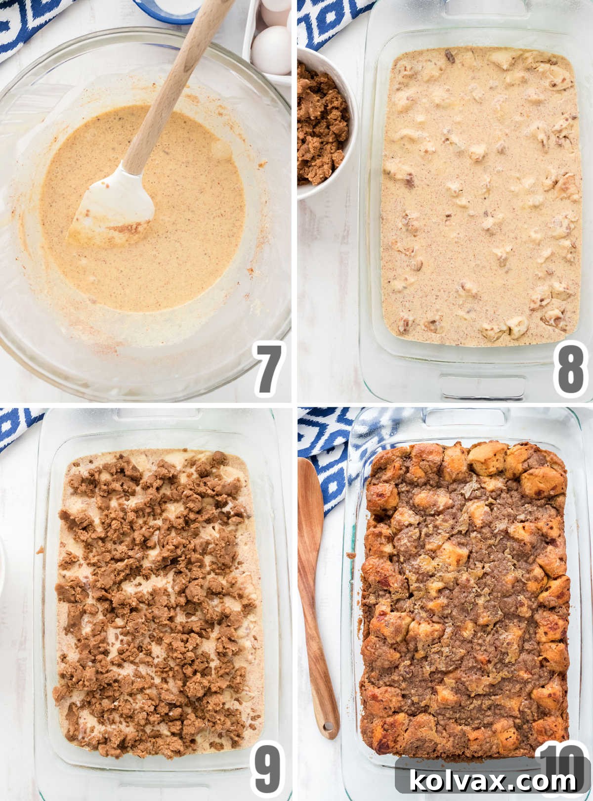 Collage image showing the steps for preparing the Cinnamon Roll Breakfast Casserole to be baked.