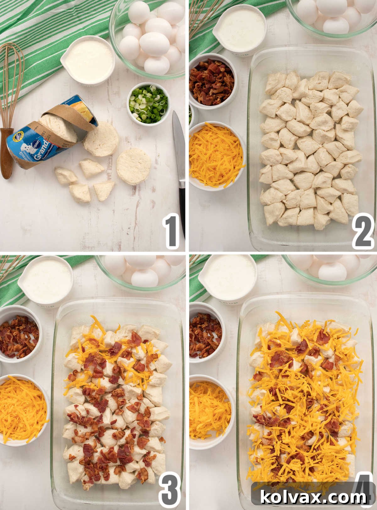 Collage showing the initial steps of preparing the biscuit casserole, including cutting biscuits, layering them in a baking pan, and sprinkling bacon and cheese.