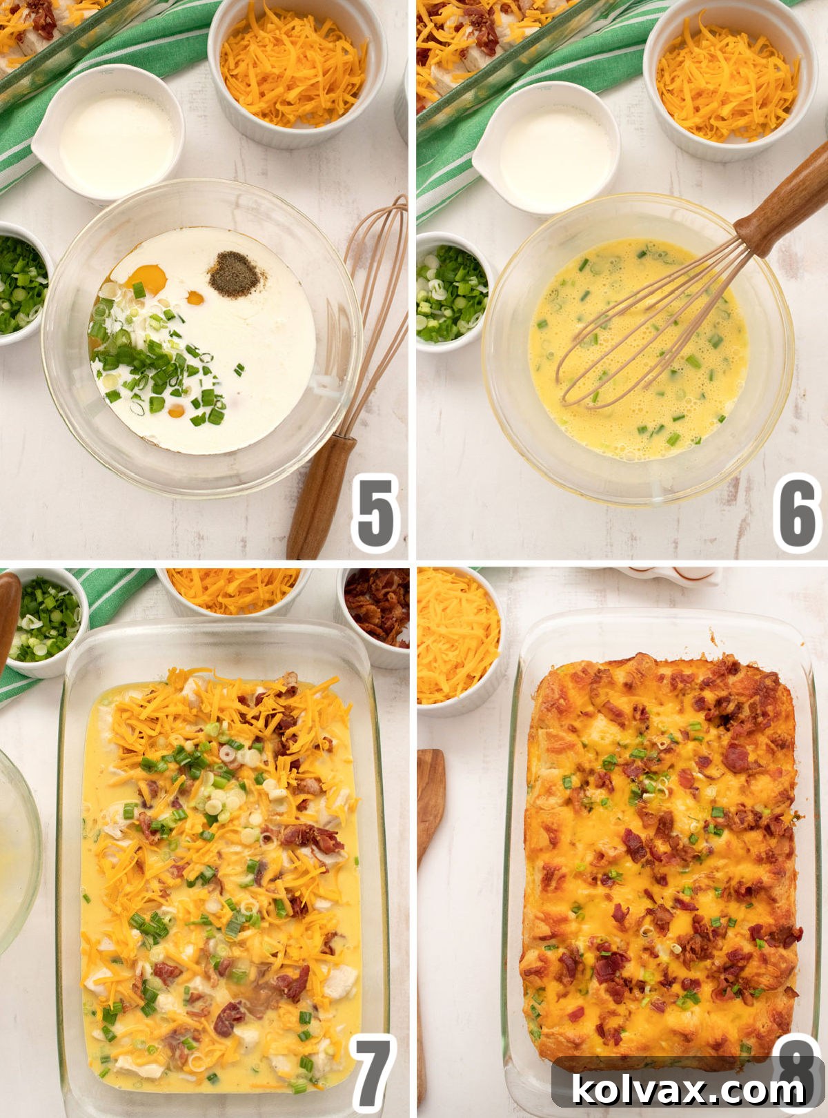 Collage image demonstrating the final steps of preparing the casserole for baking: whisking egg mixture, pouring it over the biscuit and bacon layers, and topping with cheese.