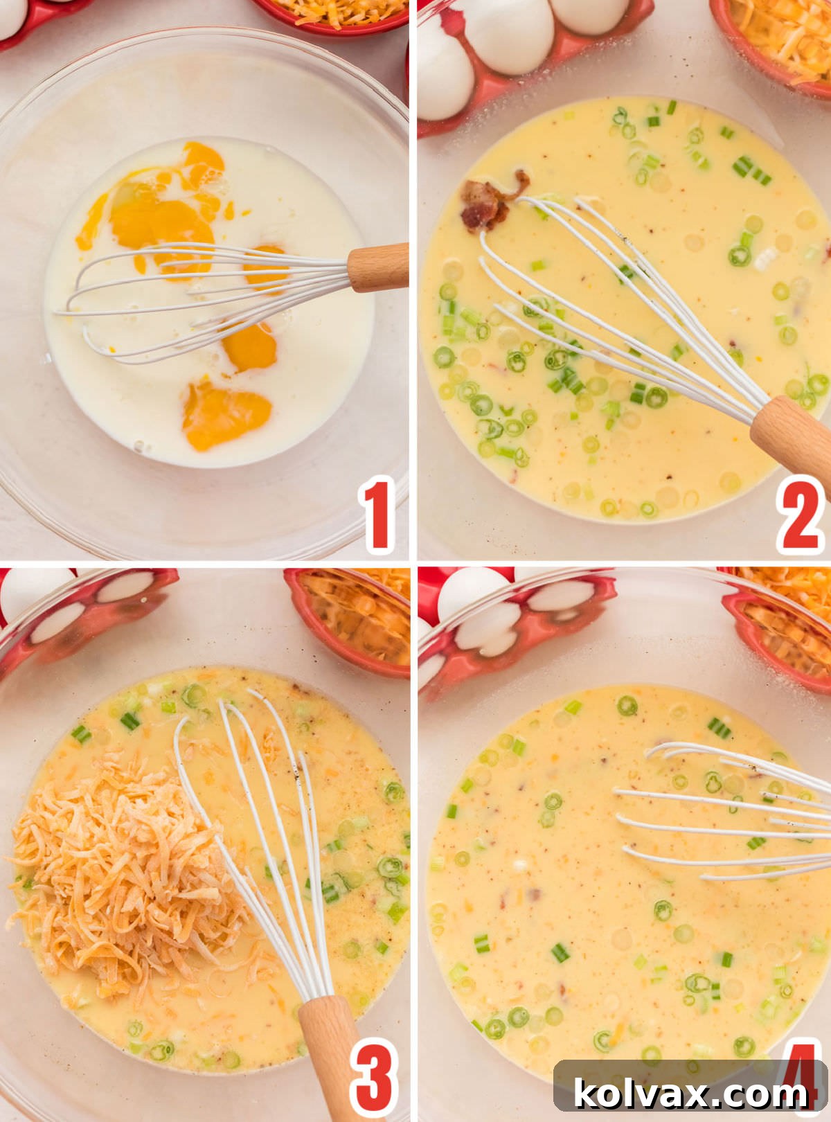 A visual guide showing the preparation of the egg and bacon filling for Quiche Lorraine, with bowls of mixed ingredients and cheese being added.